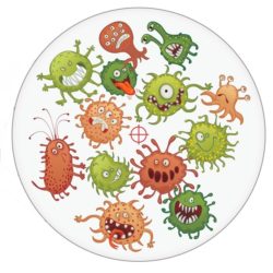 Caries. Funny bacteria and tooth. Vector illustration. Isolated on white background